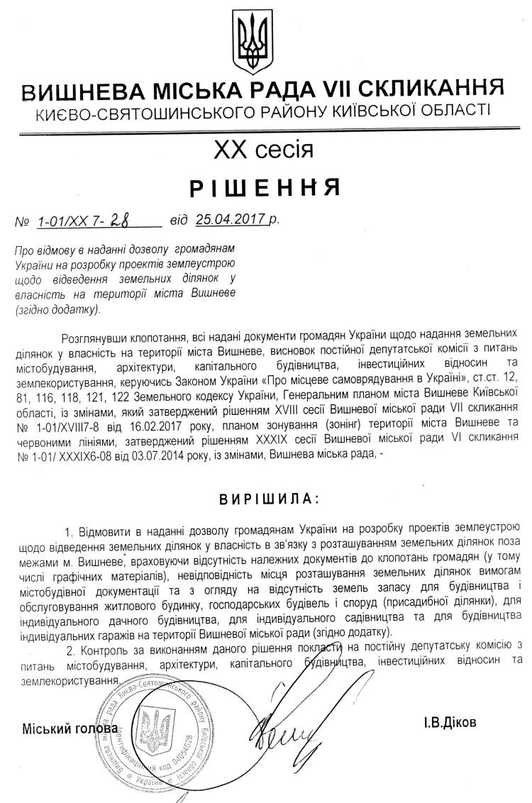 РІШЕННЯ ХХ СЕСІЇ VIІ СКЛИКАННЯ від 25.04.2017 року